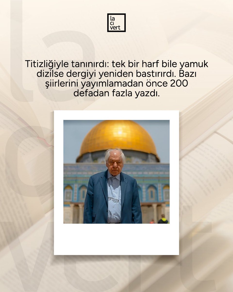 lacivert_dergi's tweet photo. “Kudüs’ten yükselen bir feryad.”

Hayatını kelimelerle kuran Nuri Pakdil, yazmayı bir dava, Kudüs’ü ise vicdanın merkezi olarak gördü. Onun düşünce dünyasına altı maddede yakından bakıyoruz.

#lacivertdergi https://t.co/pW9DSBUILE
