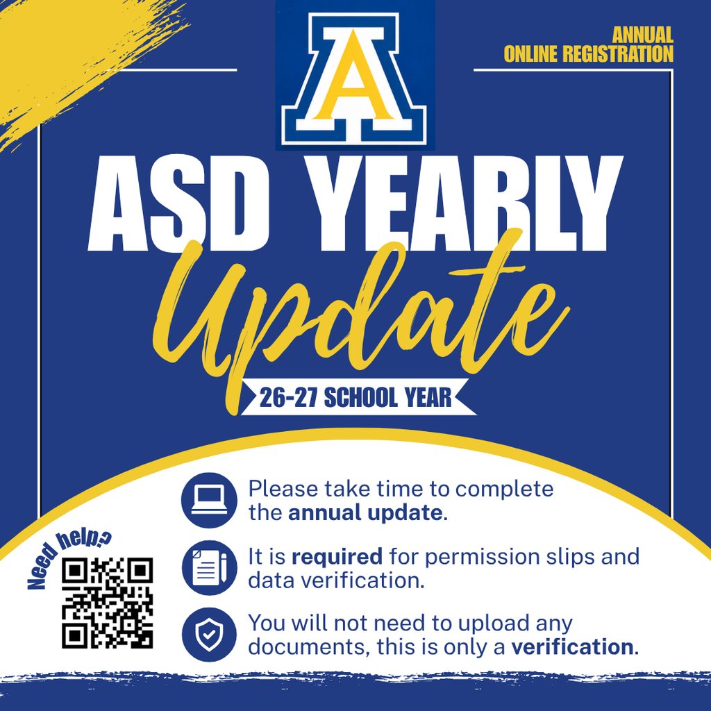 AberdeenMO's tweet photo. Reminder: Complete the ASD Yearly Update (Annual Online Registration) in Parent Portal before school starts. Need help? Scan the QR code or click here for step by step directions: https://t.co/4vAwXSc9Q0 https://t.co/e86HRY66f0