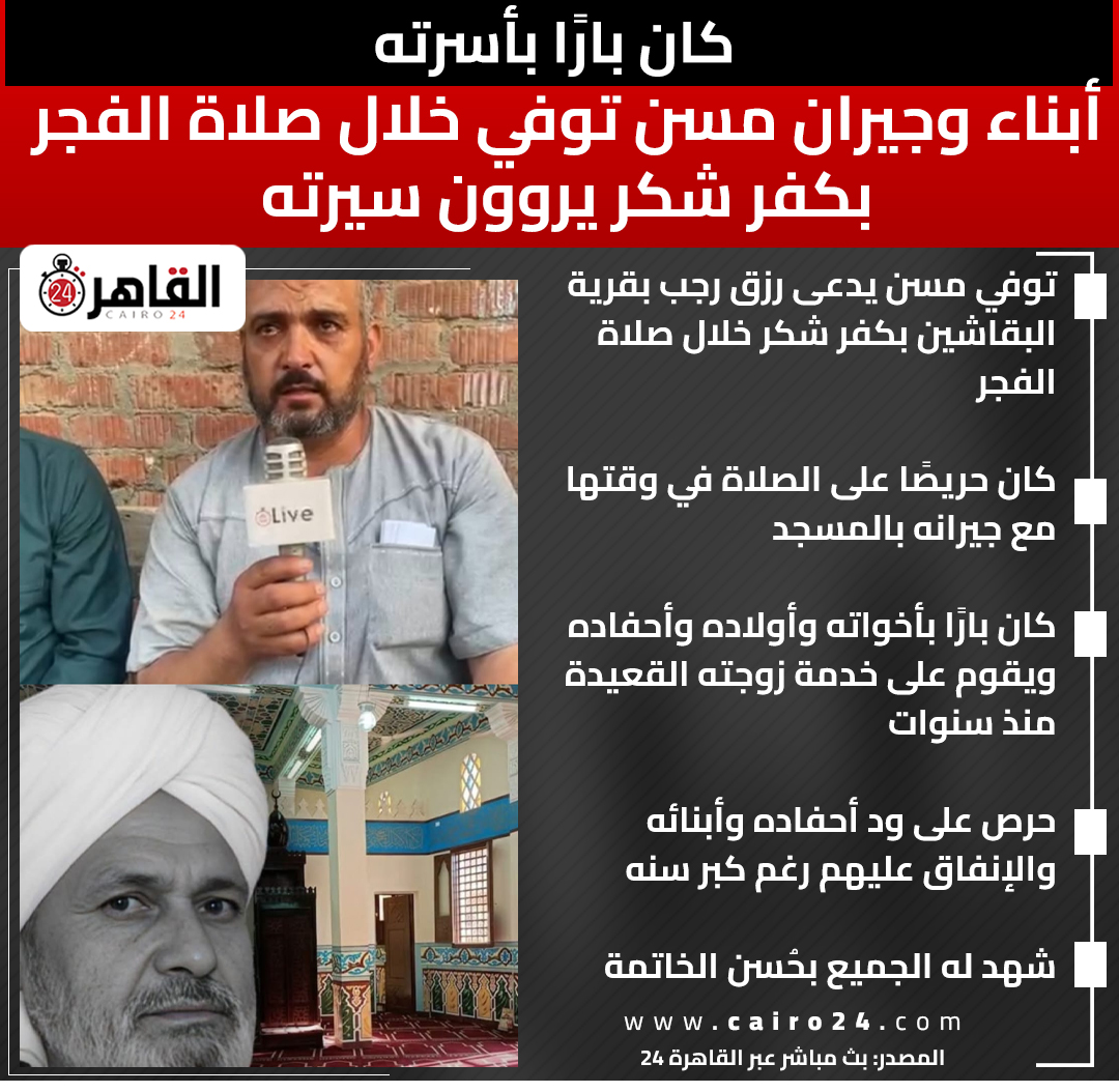 cairo24_'s tweet photo. كان بارًا بأسرته.. أبناء وجيران مسن توفي خلال صلاة الفجر بكفر شكر يروون سيرته https://t.co/Mc6wd5b9KA