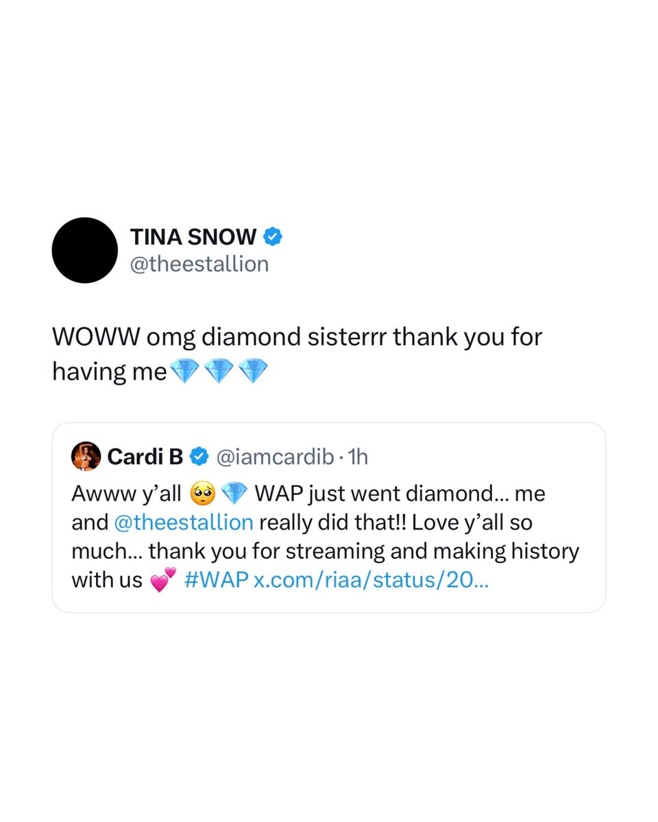 CelebLoveBardi's tweet photo. Megan Thee Stallion reacts to “WAP” featuring Cardi B being certified diamond: 

“WOWW omg diamond sisterrrr thank you for having me 💎💎💎” https://t.co/A9SP5L3Asg