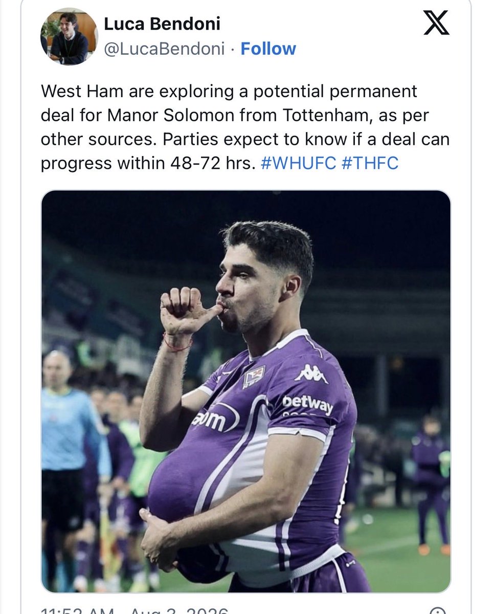 JunkieTottenham's tweet photo. West Ham United hold serious interest in Tottenham winger Manor Solomon

The Irons are short in wide options following Crysencsio Summerville's departure to Al Hilal.

Sky Sports journalist Luca Bendoni, West Ham are exploring a permanent move for Solomon.

#COYS #Spurs #THFC https://t.co/6z8dNjpb23