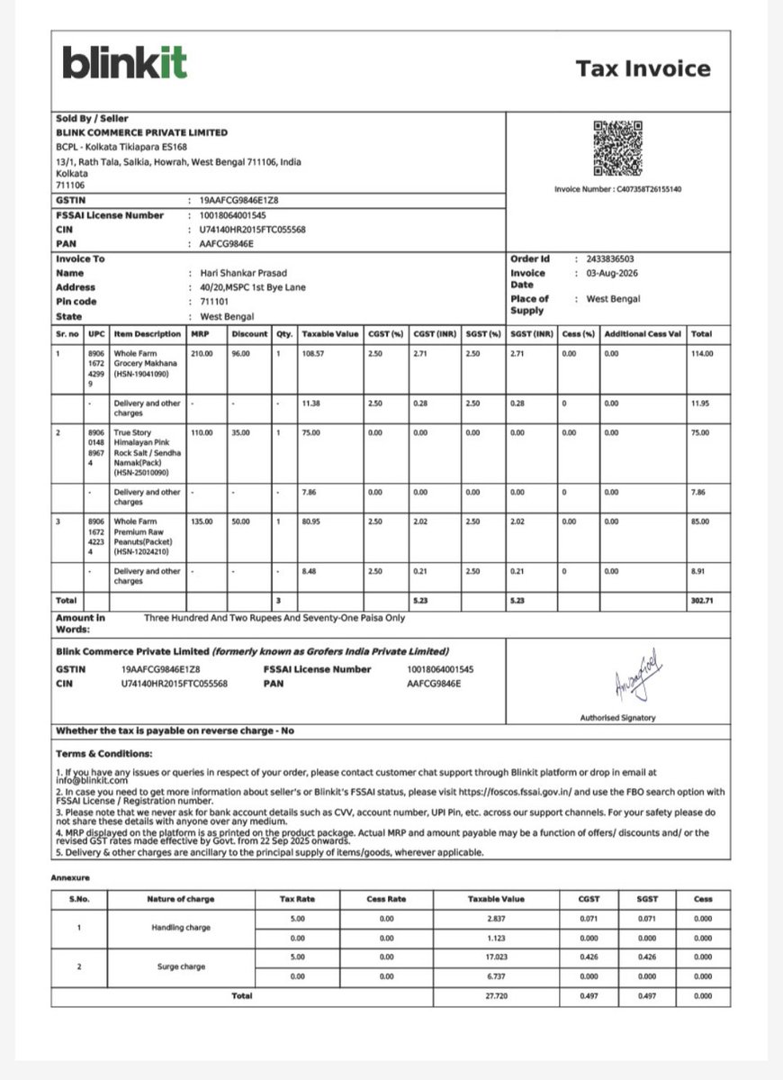 hsprasad01's tweet photo. @blinkitcares This is the invoice of my order. https://t.co/sJLKdvtoQc