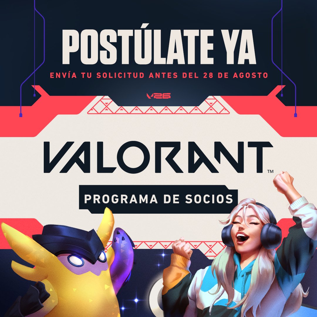 VALORANTLATAM's tweet photo. ¿Te apasiona VALORANT y tienes una actitud positiva y participativa en la comunidad? La convocatoria para el Programa de Socios de VALORANT estará abierta hasta el 28 de agosto.

Postúlate aquí para formar parte de nuestro programa oficial de creadores: https://t.co/0TY6XGZW96 https://t.co/TGVhtyWKDf