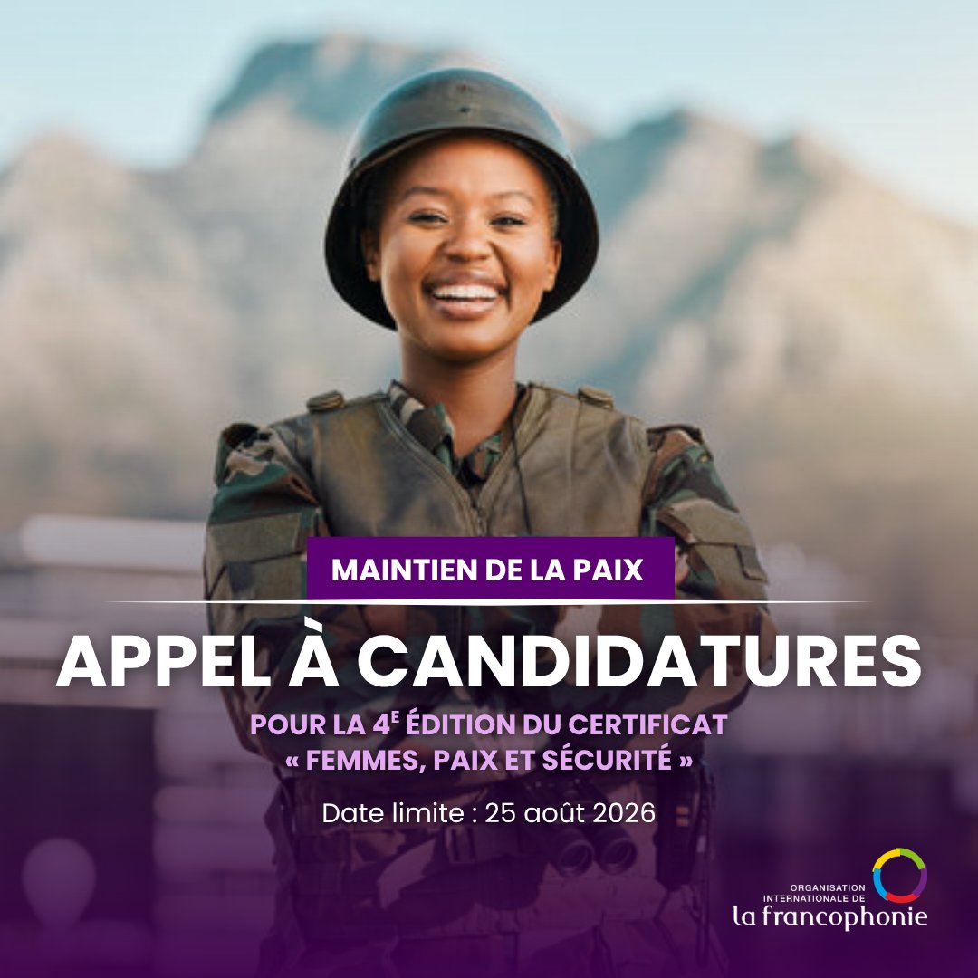 OIFrancophonie's tweet photo. L'OIF et l'Université Senghor à Alexandrie (Égypte) lancent un appel à candidatures pour la 4ᵉ édition du certificat « Femmes, paix et sécurité » (FPS).

Cette formation vise à renforcer les compétences des acteurs engagés dans l'opérationnalisation de l'Agenda FPS et à promouvoir une mise en œuvre effective de ses principes dans l'espace francophone.

🔗 Pour candidater : https://t.co/bYnOdIyJzE

#Francophonie #ÉgalitéFH