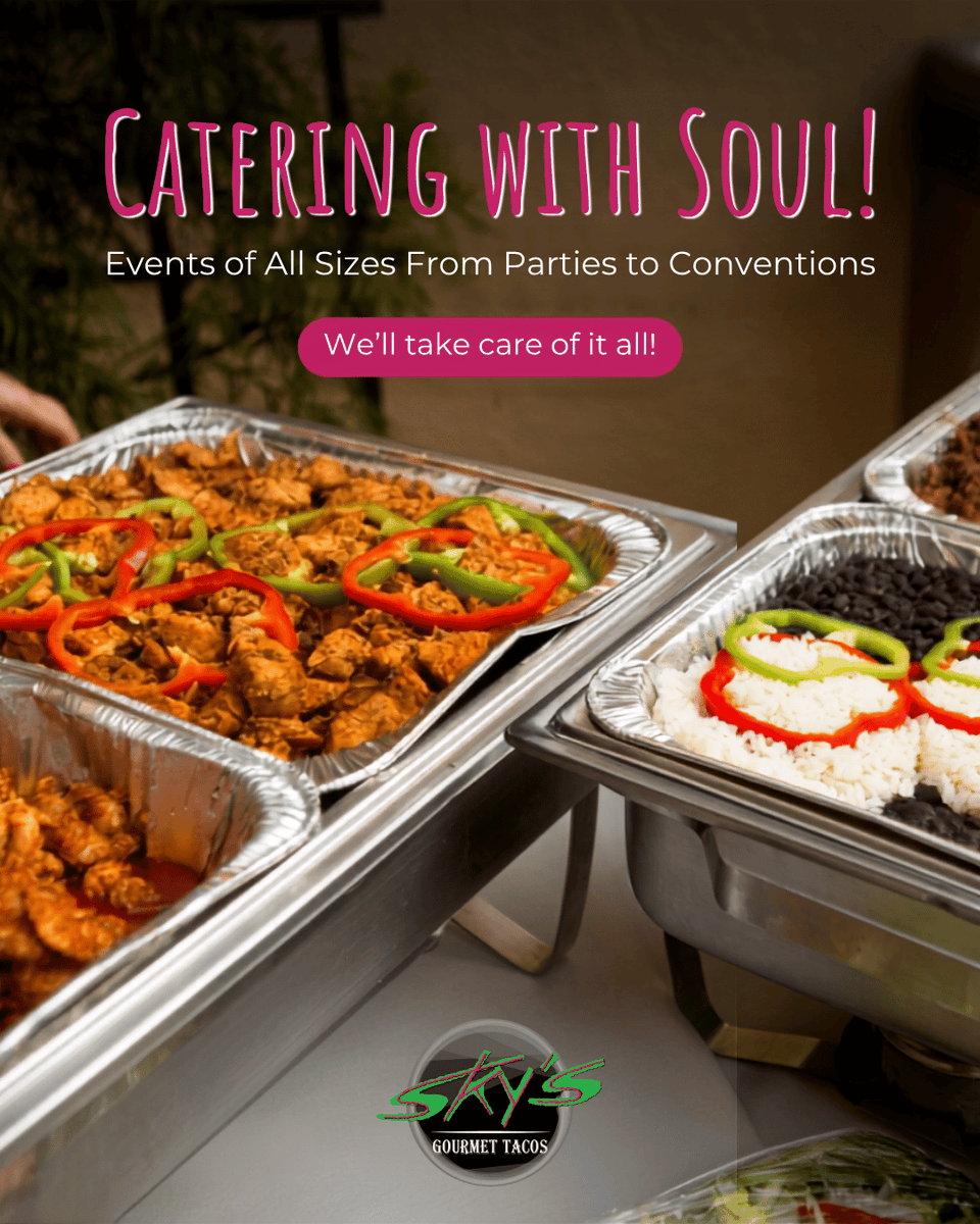 darrenedavis's tweet photo. Let Sky's handle the menu while you enjoy the celebration. From family gatherings to large-scale events, we're ready to serve with "Mexican, with a splash of soul!"

Request your catering quote today.
https://t.co/6oMXc2jRr8

#SkysGourmetTacos #Catering https://t.co/B300apmhfM