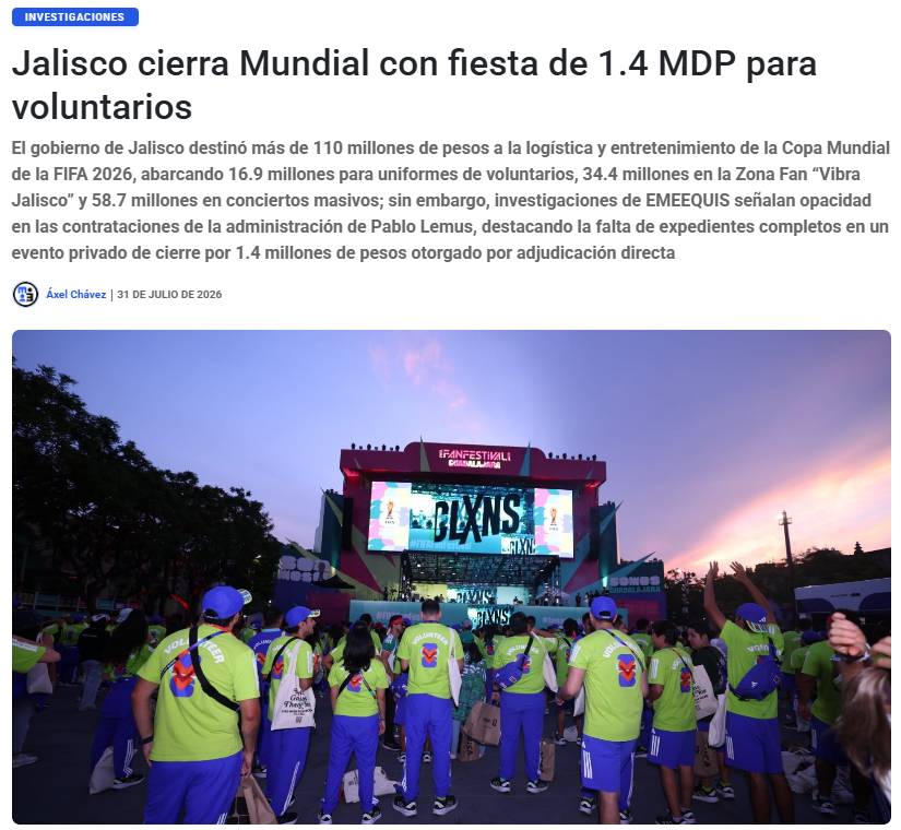 emeequis's tweet photo. ⚽ $1.4 millones de pesos del erario de Jalisco para cerrar el Mundial 2026 con un festejo privado: la administración estatal gastó en un homenaje para voluntarios con opacidad en los documentos de contratación. Investigación de @emeequis. 👇 https://t.co/55bkYxRNCs https://t.co/ThUTYCR1v0