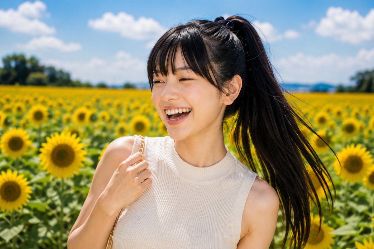 向日葵　フォロー割 夏陽の彼方に向日葵の笑み #ポニテ火曜 橘美月さん、ひまわり畑にて。