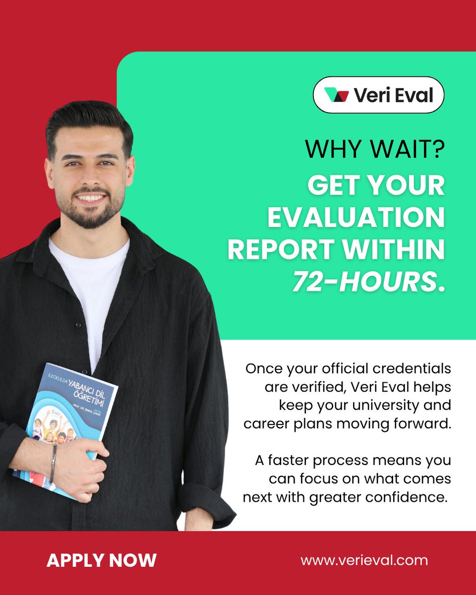 veri_eval's tweet photo. When opportunity is knocking, every hour matters. ⏳

After your official credentials are verified, your evaluation report can be completed within 72 hours, helping you stay on schedule for university admissions, employment opportunities, and professional licensing. 🎓📄

A quicker turnaround means less waiting and more time to focus on the next chapter of your journey.

Learn more and submit your documents at https://t.co/t79dP0otlB

#degreeevaluation #foreigndegree #internationalstudents #studyinusa #globaleducation #educationabroad #academiccredentials #gpaevaluation #uscareers #careeropportunities #studentvisa