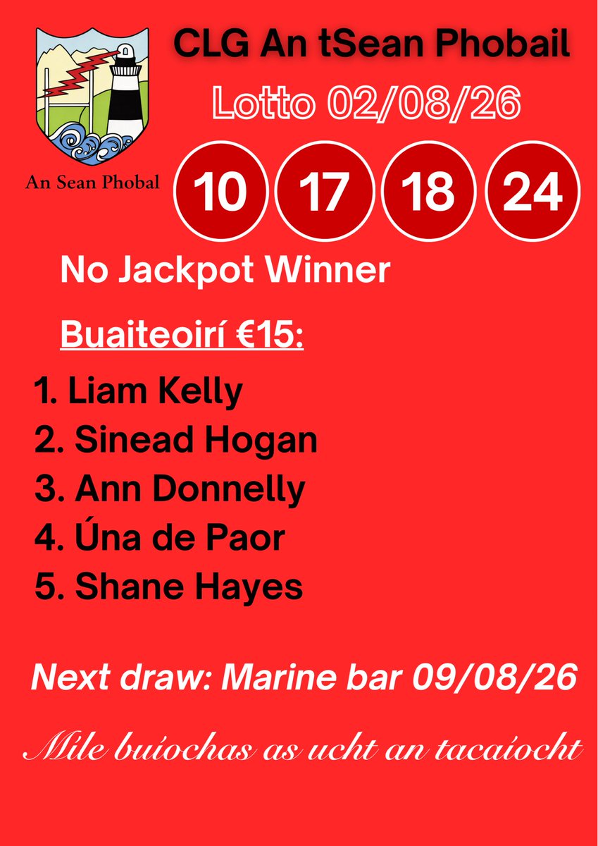 AnSeanPhobalCLG's tweet photo. Lotto - 2ú Lúnasa 2026
Torthaí Lotto na hoíche aréir: 10-17-18-24
Ní raibh aon bhuaiteoir ar Jackpot na seachtaine seo. 

Míle buíochas as ucht bhur dtacaíocht. https://t.co/bGSybY7Js9