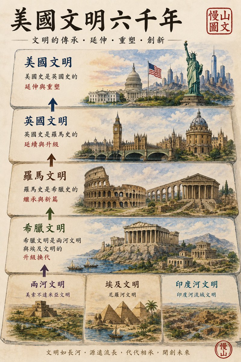 wuzuolai's tweet photo. 美国文明六千年
美国史是英国史的延伸与重塑，
英国史是罗马史的延续与升级，
罗马史是希腊史的继承与新篇，
希腊文明与两河文明与埃及文明的升级换代。
慢山图文 https://t.co/s7Uki9GhBv