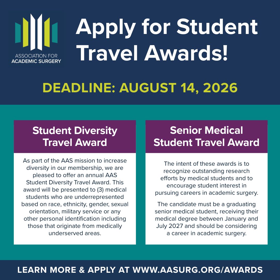 AcademicSurgery's tweet photo. REMINDER: Apply for AAS/AASF Student Travel Awards! Recipients will receive travel support to the Academic Surgical Congress (ASC) being held February 9-11, 2027 in Washington, D.C.

Student Diversity Travel Award: For Medical Students who by personal identification are underrepresented and are pursuing a career in academic surgery.

Senior Medical Student Travel Award: For graduating senior Medical Students who are pursuing a career in academic surgery. 

Deadline: August 14, 2026

Apply now: https://t.co/b1YG5UZgAH