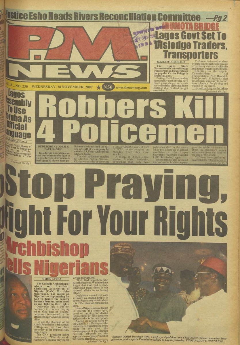 StartArchiving's tweet photo. In 2007, the Catholic Archbishop of Abuja and President of the Christian Association of Nigeria (CAN), John Onaiyekan, urged Nigerians to stop praying to God to deliver the country and fight for their rights themselves.

He also called on election petition tribunals to correct the flaws of the controversial 2007 general elections, and hold those responsible for rigging accountable.

He said, "A perfect electoral reform would lead us nowhere if people can simply disregard the rules and get away with such crimes. They should at least be made to confess."