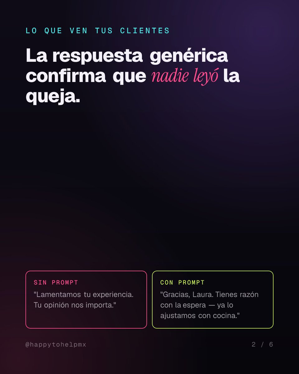 HappyToHelpMx's tweet photo. Responde reseñas de Google sin sonar a corporativo.

Prompt: agradece por nombre · lo específico · de tú · sin excusas · si fue negativa → WhatsApp.

30 seg en ChatGPT o Claude.

Comenta PROMPT y te lo mando por DM.

#restaurantes #prompts https://t.co/BQoH21WOgu