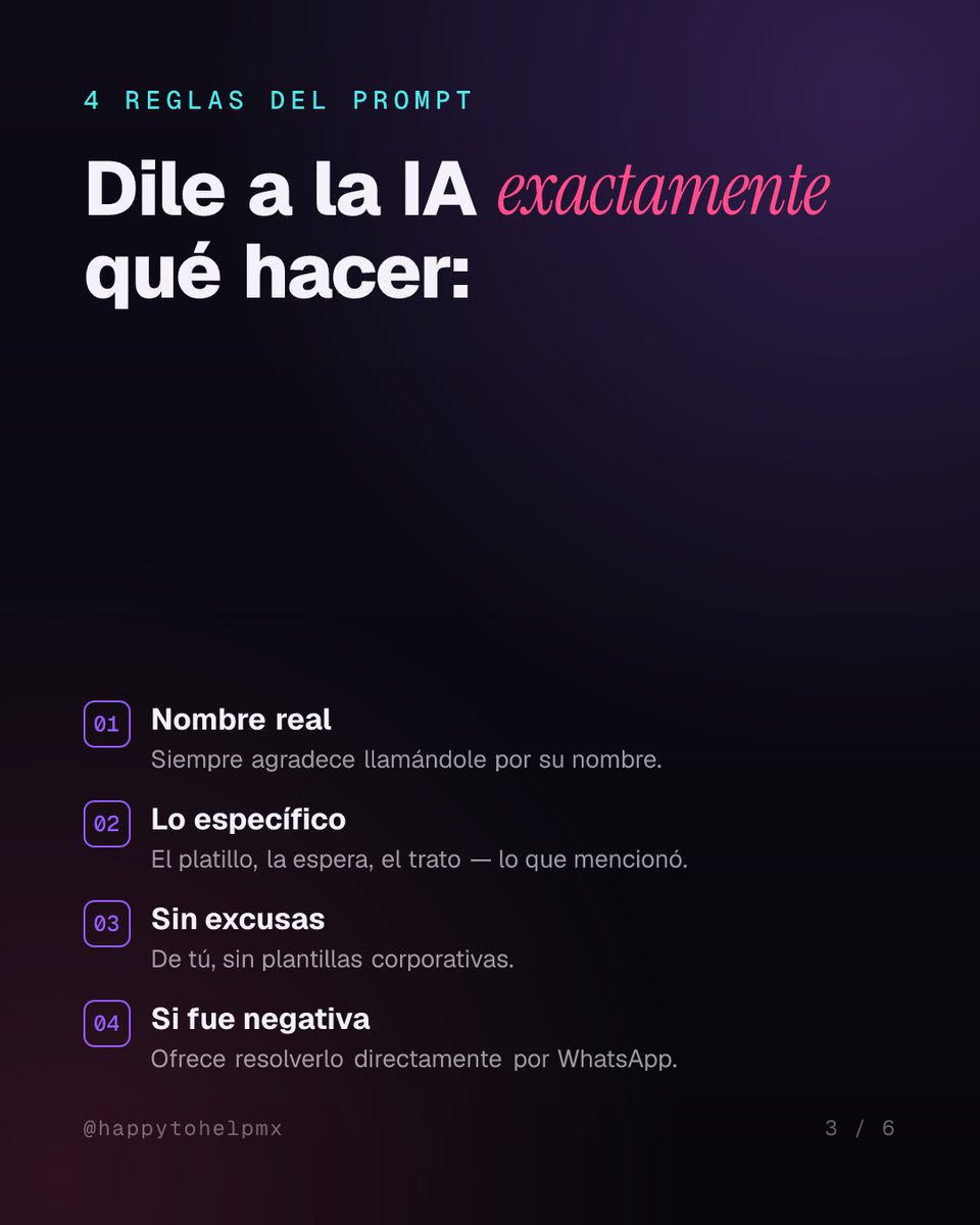 HappyToHelpMx's tweet photo. Responde reseñas de Google sin sonar a corporativo.

Prompt: agradece por nombre · lo específico · de tú · sin excusas · si fue negativa → WhatsApp.

30 seg en ChatGPT o Claude.

Comenta PROMPT y te lo mando por DM.

#restaurantes #prompts https://t.co/BQoH21WOgu