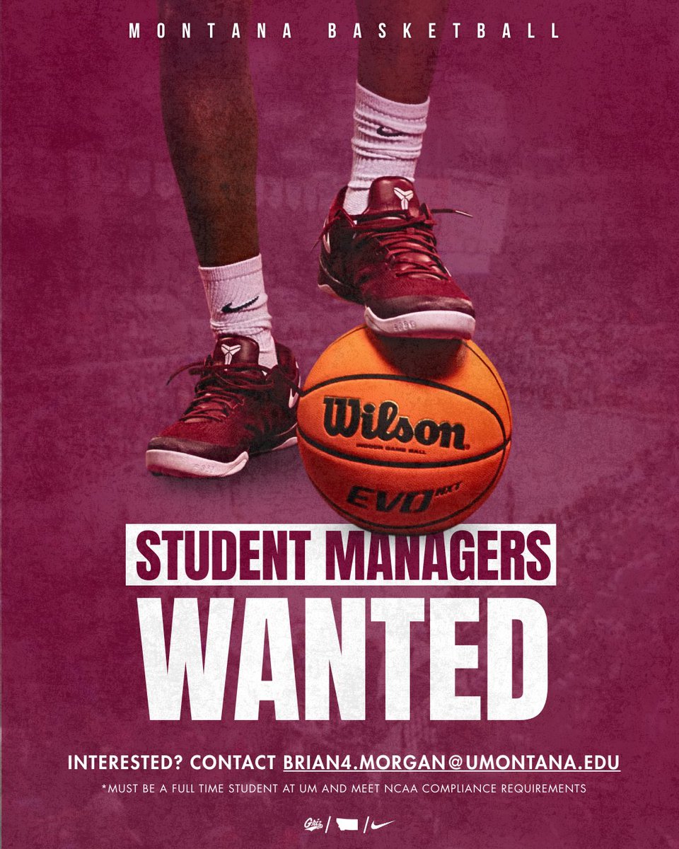 MontanaGrizBB's tweet photo. We are still looking for student managers for the upcoming 2026-27 season ‼️

Interested? Reach out to Brian Morgan at the email below 👇

#GrizHoops | #GoGriz https://t.co/L4wFRnSdhQ