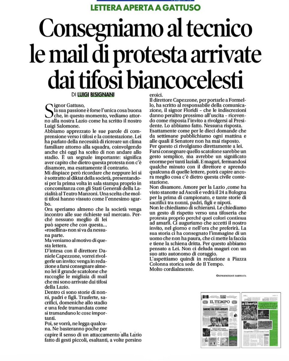 BrigataLazio's tweet photo. “Abbiamo apprezzato le sue parole di comprensione verso i tifosi e la contestazione. È un segnale importante: significa aver capito che dietro questa protesta non c’è disamore, ma esattamente il contrario.

Mi dispiace però ricordare che neppure lei si è sottratto al diktat della società, presentandosi per la prima volta in sala stampa proprio in concomitanza con gli Stati Generali della Lazialità al Teatro Manzoni.

D’intesa con il direttore Daniele Capezzone, vorrei rivolgerle un invito: venga in redazione a farsi consegnare almeno lei il grande scatolone che raccoglie le migliaia di mail che mi sono arrivate dai tifosi della #Lazio.

Dentro ci sono storie di nonni, padri e figli. Trasferte, sacrifici, domeniche allo stadio e una fede tramandata come si tramandano le cose importanti”

Cosa farà ora Mister #Gattuso?

@tempoweb 

#gattuso #lotito #lazio #roma #protesta
