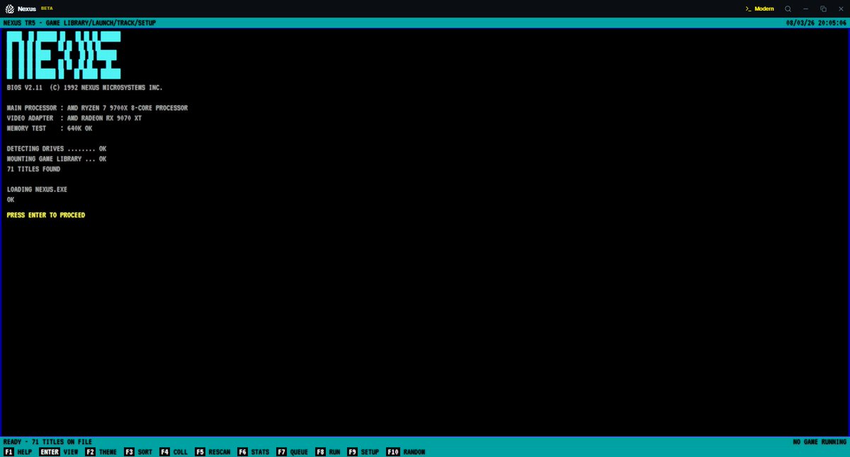 DarrenStrydom85's tweet photo. Nexus (my game launcher) just got a completely optional DOS mode. Flip one switch and your library becomes a 1992 terminal — BIOS boot, CRT scanlines, keyboard-only nav. Same database, same games, wildly different vibe. 🧵👇 https://t.co/GR5iRfMhwD