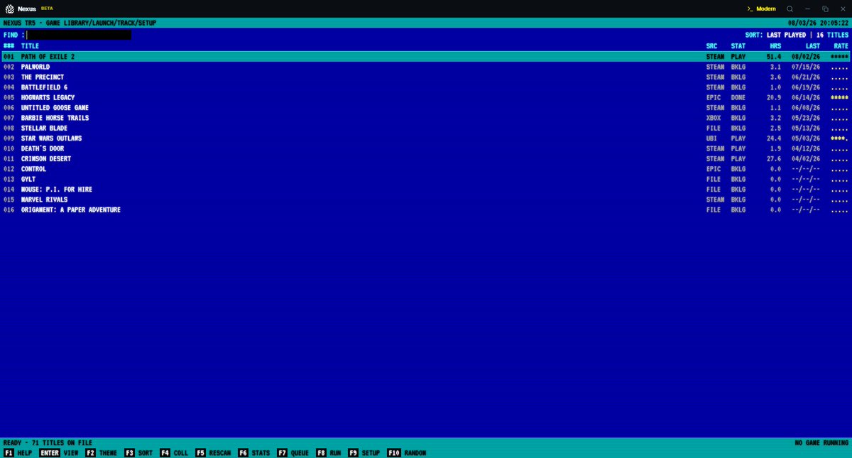 DarrenStrydom85's tweet photo. Nexus (my game launcher) just got a completely optional DOS mode. Flip one switch and your library becomes a 1992 terminal — BIOS boot, CRT scanlines, keyboard-only nav. Same database, same games, wildly different vibe. 🧵👇 https://t.co/GR5iRfMhwD