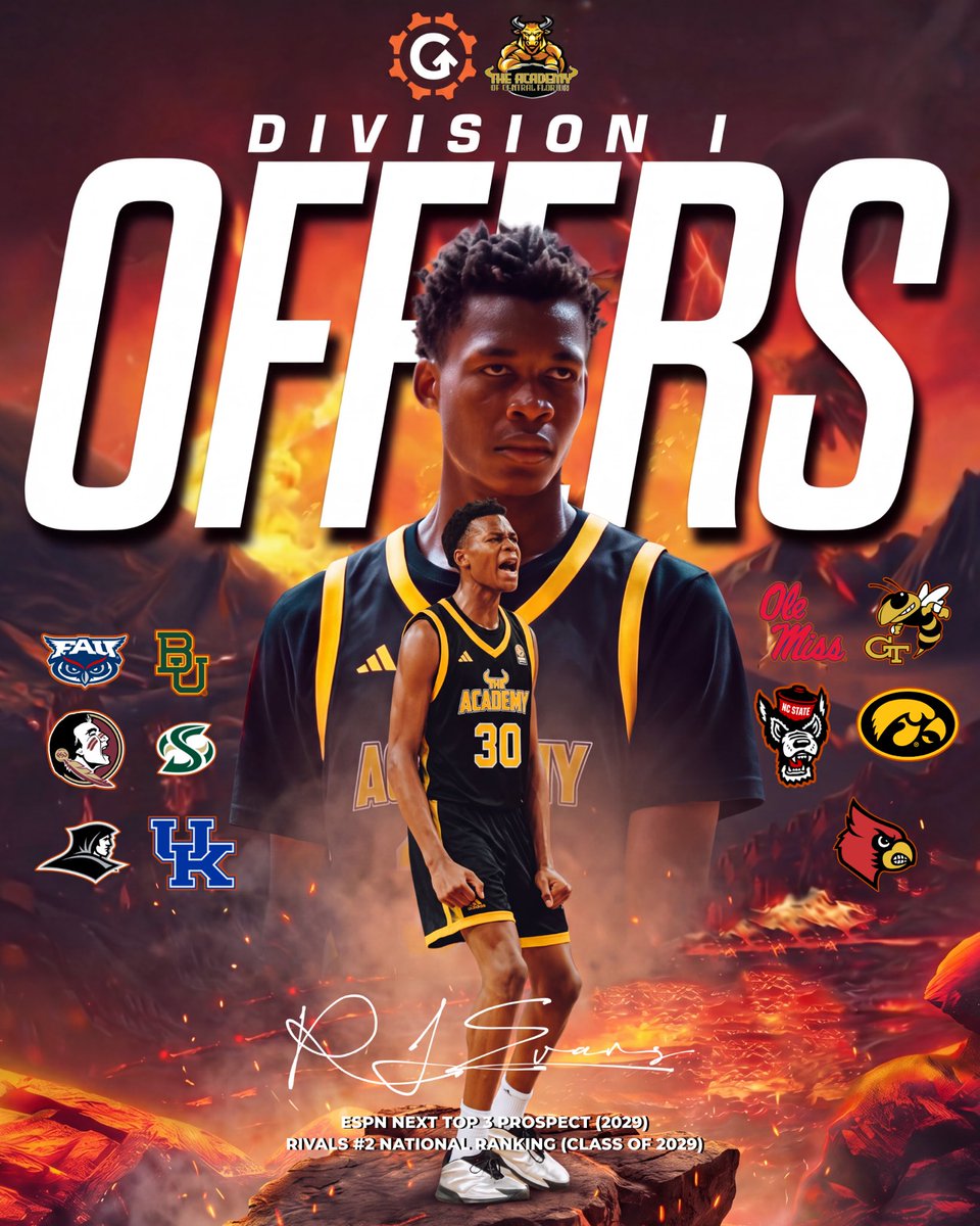 thegrindsession's tweet photo. RJ Evans is one of the top guards in the 2029 class. 

The 6’7 lead guard out of The Academy of Central Florida sits at #3 in ESPN’s Next 2029 rankings and #2 nationally by Rivals. 

This season he’ll be going up against some of the top competition in the world, and expect this offer list to keep climbing 📈