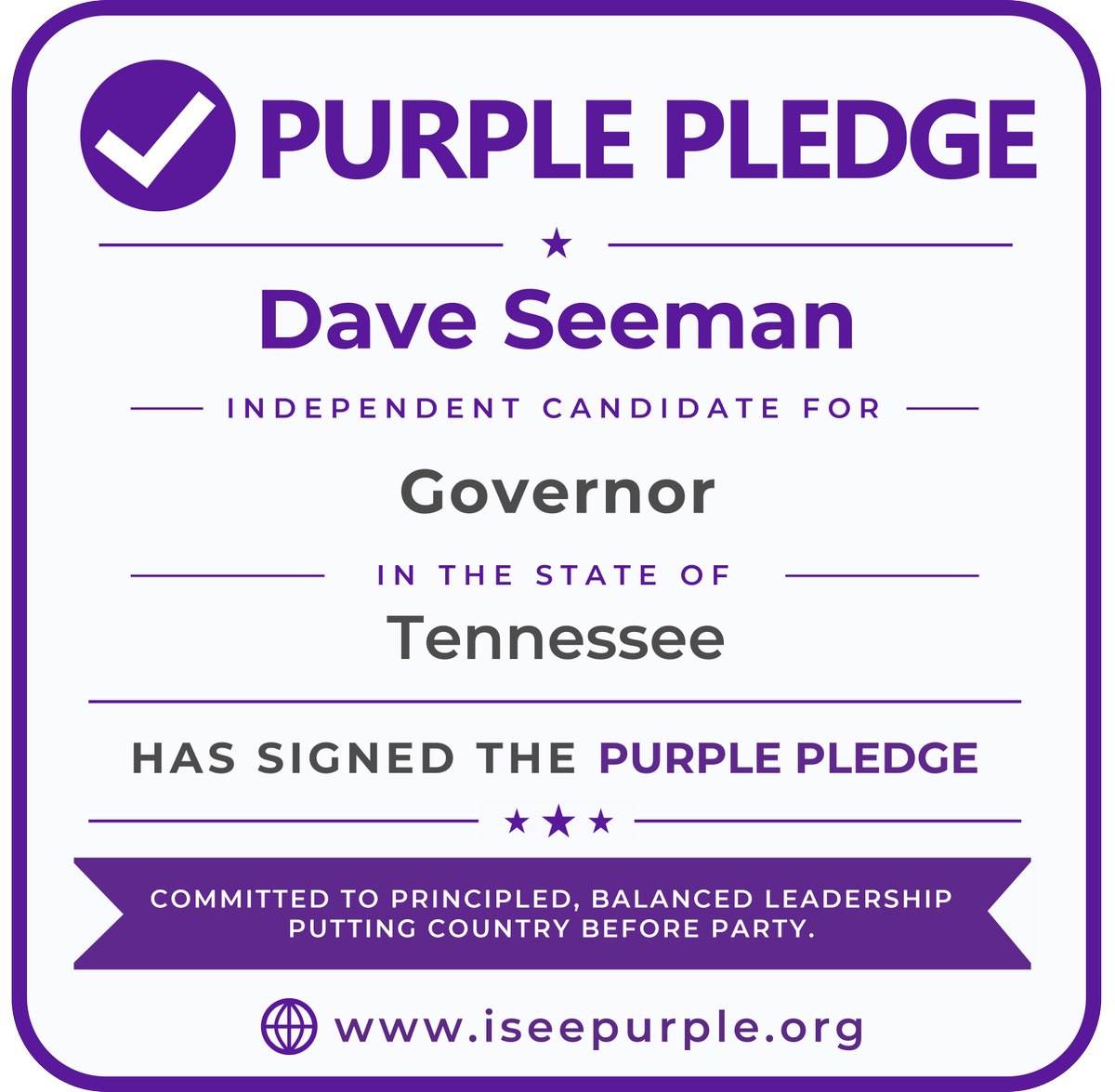 purplepledge's tweet photo. ✅ Dave Seeman has signed the #PurplePledge.

As a candidate for Governor of #Tennessee, Tim is publicly committing to principled, country-first leadership grounded in truth, integrity, accountability, and service to the people.

The Purple Pledge asks candidates to put democratic principles and constitutional governance above party loyalty — and gives voters a clear way to see who is willing to make that commitment publicly.

Voters can join the movement too by signing the Purple Pledge at https://t.co/bGUNfX6SJr.

#ISeePurple #Tennessee2026 #CountryBeforeParty