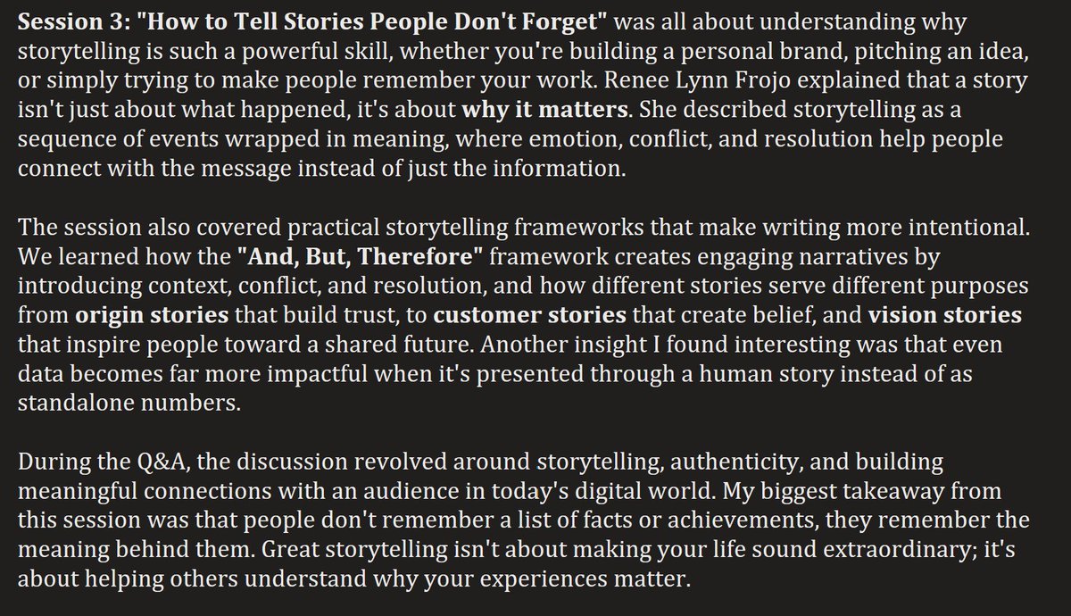 kmdcodes's tweet photo. "A story isn't what happened. It's why it matters."

Definitely one of my favorite sessions from the fellowship so far! @frojofeed 💛
@connectdoradao #GWYFellowship

And here are my notes: https://t.co/7YVvqt8cUC