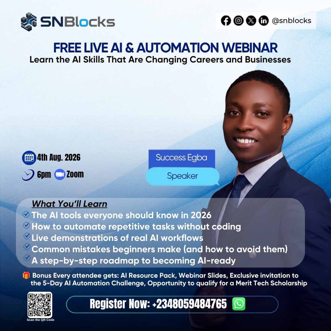 snblocks's tweet photo. Still Using AI Like a Chatbot?

By the end of this year, the people who know how to use AI won’t just work faster, they’ll have a massive advantage in business, career, and income.

The question is: Will you be one of them?

This Tuesday, 4th August at 6:00 PM (WAT), I’m hosting a live AI & Automation Masterclass where I’ll show you how to use AI to:

🧩Automate repetitive tasks
🧩 Research in minutes instead of hours
🧩 Create content faster
🧩 Boost productivity
🧩 Build practical AI workflows for your business or career

You don’t need to be a programmer or have a technical background.

If you’re serious about staying relevant in the AI economy, don’t miss this opportunity.

👉 Secure your seat now: https://t.co/etKo0X8S37

The future belongs to those who learn AI today.