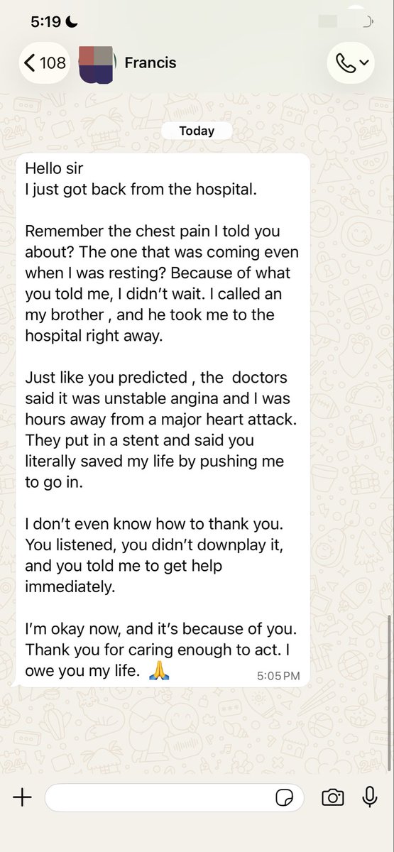 Darleeton3's tweet photo. I got this message from someone today...  
And I felt sooo delighted. 
Because it means we spoke up in time.

Let me share it with you, then let’s talk about the condition.

I know you’ve heard of a heart attack.  

But do you really know the warning signs before it happens?  
Let’s break it down. 
This could save you or someone you love. 🧵…….