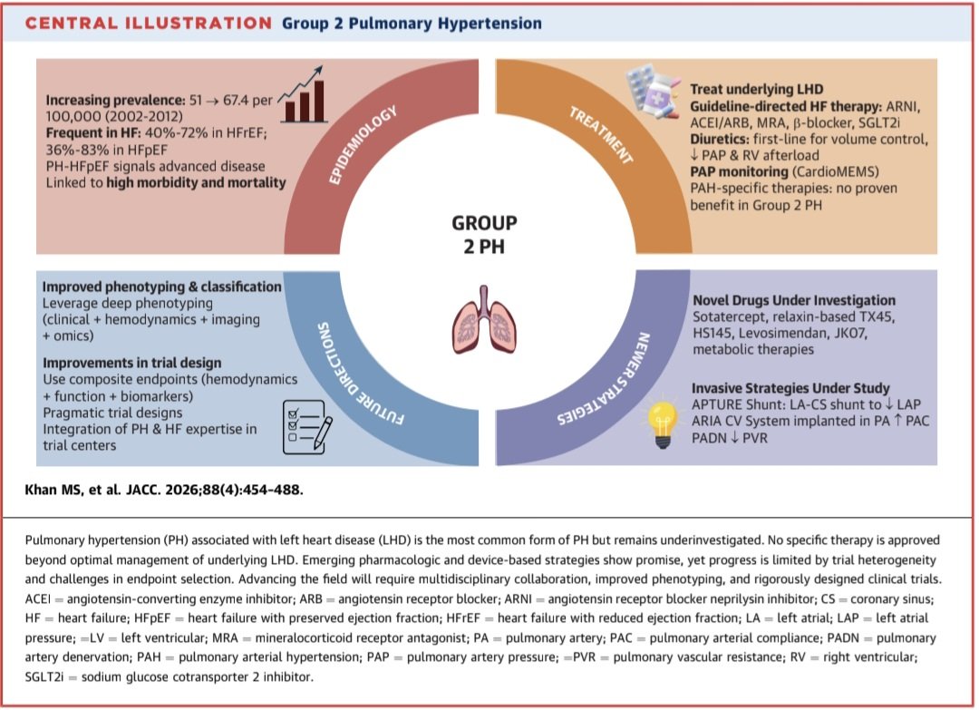 javier20ch's tweet photo. Hipertensión Pulmonar asociada a cardiopatía izquierda. 🫀💥🫁
🔷️La HP asociada a cardiopatía izquierda representa entre el 65-80% de todos los casos de HP, convirtiéndose en la forma más frecuente de la enfermedad. Su presencia incrementa significativamente la mortalidad, las hospitalizaciones y el riesgo de disfunción ventricular derecha, pero continúa siendo una entidad infradiagnosticada. 🚨🧐🔎
🔷️Definición hemodinámica: PAP media >20 mmHg y, para clasificarla como HP por cardiopatía izquierda, debe coexistir una PAWP >15 mmHg. La RVP adquiere un papel central: ≤2 UW define la HP poscapilar aislada, mientras que >2 UW identifica la forma combinada precapilar y poscapilar (asociada con aproximadamente 2.5 veces mayor mortalidad, mayor remodelado vascular y peor función del ventrículo derecho).
🔷️Los fármacos aprobados para HAP NO deben utilizarse rutinariamente en la HP por cardiopatía izquierda. Los antagonistas de endotelina, inhibidores de PDE-5, estimuladores de guanilato ciclasa y prostaciclinas NO han demostrado beneficio clínico consistente e incluso pueden incrementar la congestión pulmonar, la retención de líquidos y las hospitalizaciones por insuficiencia cardiaca. 🚫🥲
✔️El manejo continúa basándose en optimizar la enfermedad cardíaca subyacente mediante terapia dirigida por guías para insuficiencia cardiaca o corrección de valvulopatías, además del control adecuado del estado de volumen.

📚🆓️⤵️ State-Of-The-Art Review2026 @JACCJournals 💯 
https://t.co/QZnvGgApSq
https://t.co/rudKWIqVqQ