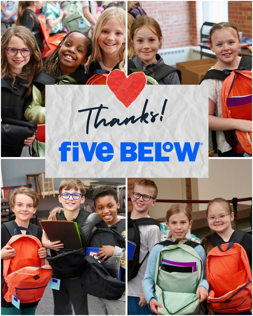 Students smiling with backpacks. Thanks Five Below. 