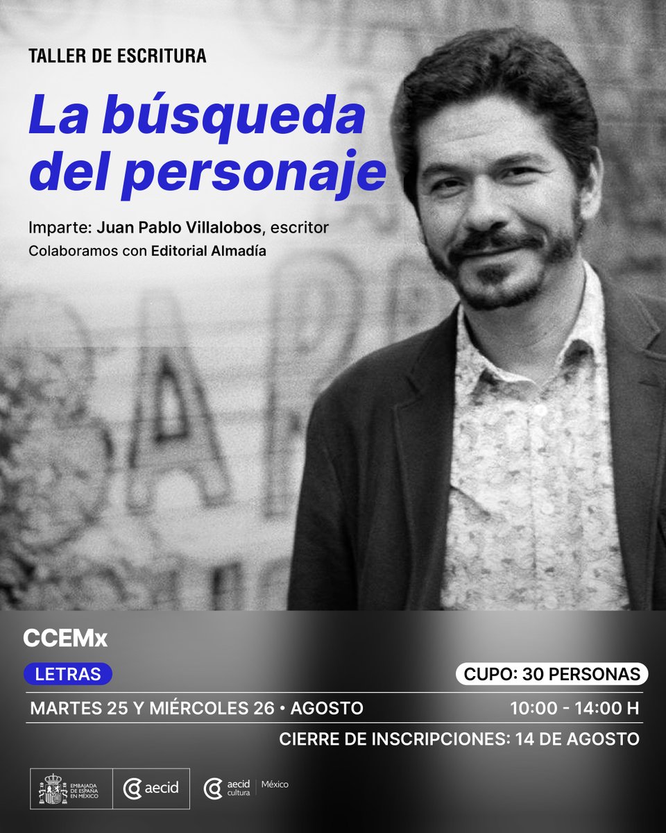 ccemx's tweet photo. ✍️ Todo gran personaje tiene una historia que contar. ¿Cómo se construye?

En 𝗟𝗮 𝗯𝘂́𝘀𝗾𝘂𝗲𝗱𝗮 𝗱𝗲𝗹 𝗽𝗲𝗿𝘀𝗼𝗻𝗮𝗷𝗲 explorarás las herramientas para crear personajes complejos, memorables y con una voz propia que dé fuerza a tus historias.

📚 Imparte: Juan Pablo Villalobos, escritor y ganador del Premio Herralde de Novela 2016.

🔗Inscríbete en https://t.co/FQ2Q0kU041
