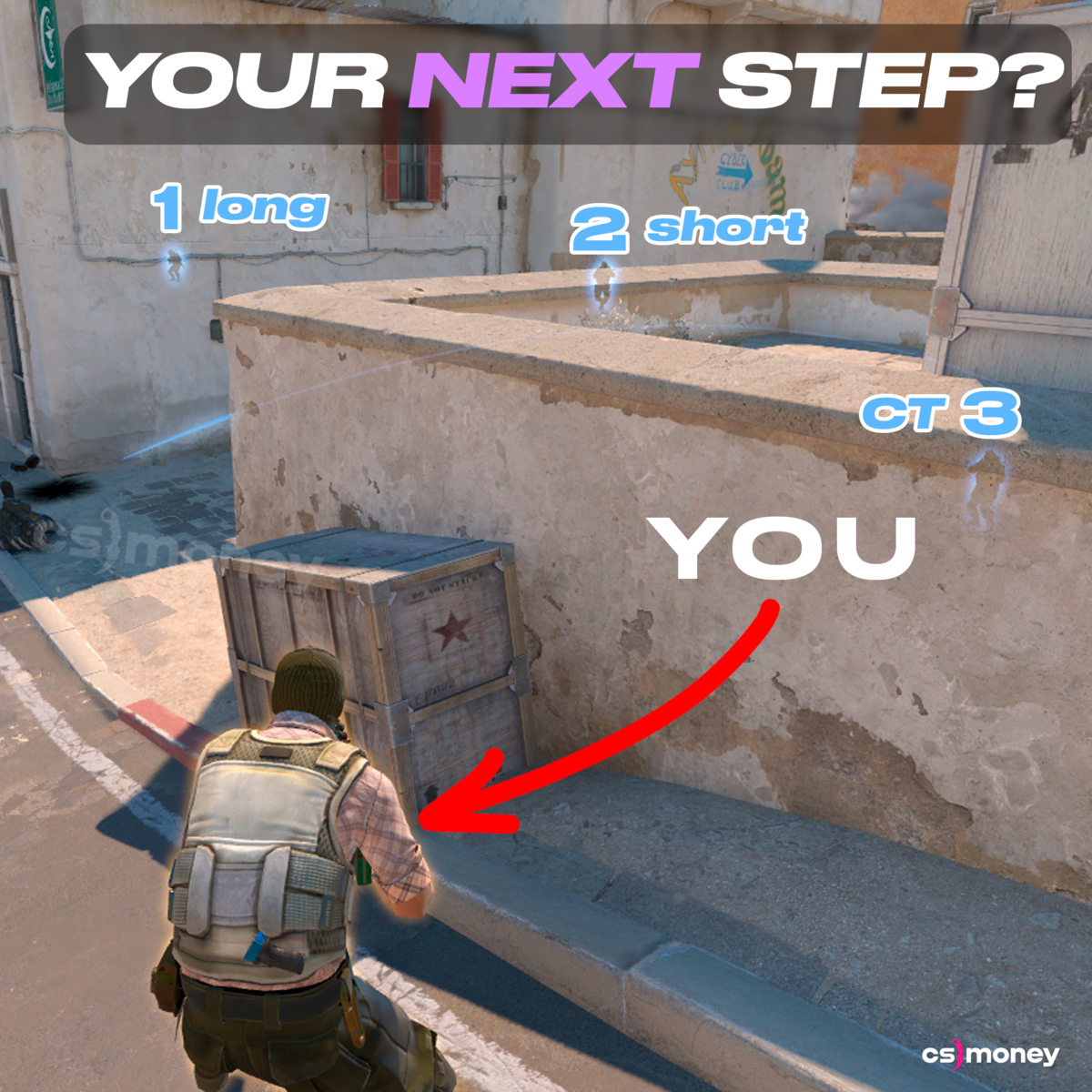 csmoneytrade's tweet photo. You're donk. It's a 1v3 post-plant. One is pushing from CT, another is on Long, and last guy is about to play Short

What's your next step? https://t.co/kx0O6nL43e
