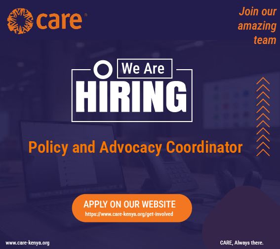 CAREinKenya's tweet photo. 𝗪𝗲'𝗿𝗲 𝗛𝗶𝗿𝗶𝗻𝗴: 𝗣𝗼𝗹𝗶𝗰𝘆 𝗮𝗻𝗱 𝗔��𝘃𝗼𝗰𝗮𝗰𝘆 𝗖𝗼𝗼𝗿𝗱𝗶𝗻𝗮𝘁𝗼𝗿

Are you passionate about influencing policy, advancing gender equality, and driving meaningful social change?

@CAREinKenya  is looking for a Policy and Advocacy Coordinator to lead and strengthen our policy and advocacy agenda across the Women's Voice and Leadership (WVL) Programme and broader portfolio. 

The role will focus on translating programme evidence into impactful advocacy initiatives that promote women's leadership, climate resilience, economic justice, social justice, and inclusive governance.

Join us in shaping policies and partnerships that create lasting impact for women, girls, and communities across Kenya.

📍 Position: Policy and Advocacy Coordinator
📅 Application Deadline: 7th August 2026
🔗 https://t.co/omMwzBucjV

Apply now and be part of the change.

#IkoKazi #JobOpening #JobAlert