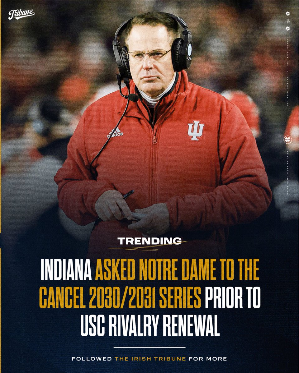 theirishtribune's tweet photo. Per the New York Times, Indiana requested that the home-and-home series against Notre Dame in 2030/2031 be cancelled, which lead to Notre Dame being able to renew its rivalry with USC.

The game had long been considered in jeopardy given Indiana's preference to not play Power 4 non-conference games, which is what lead to the request from IU's athletic department.

📸: CBS