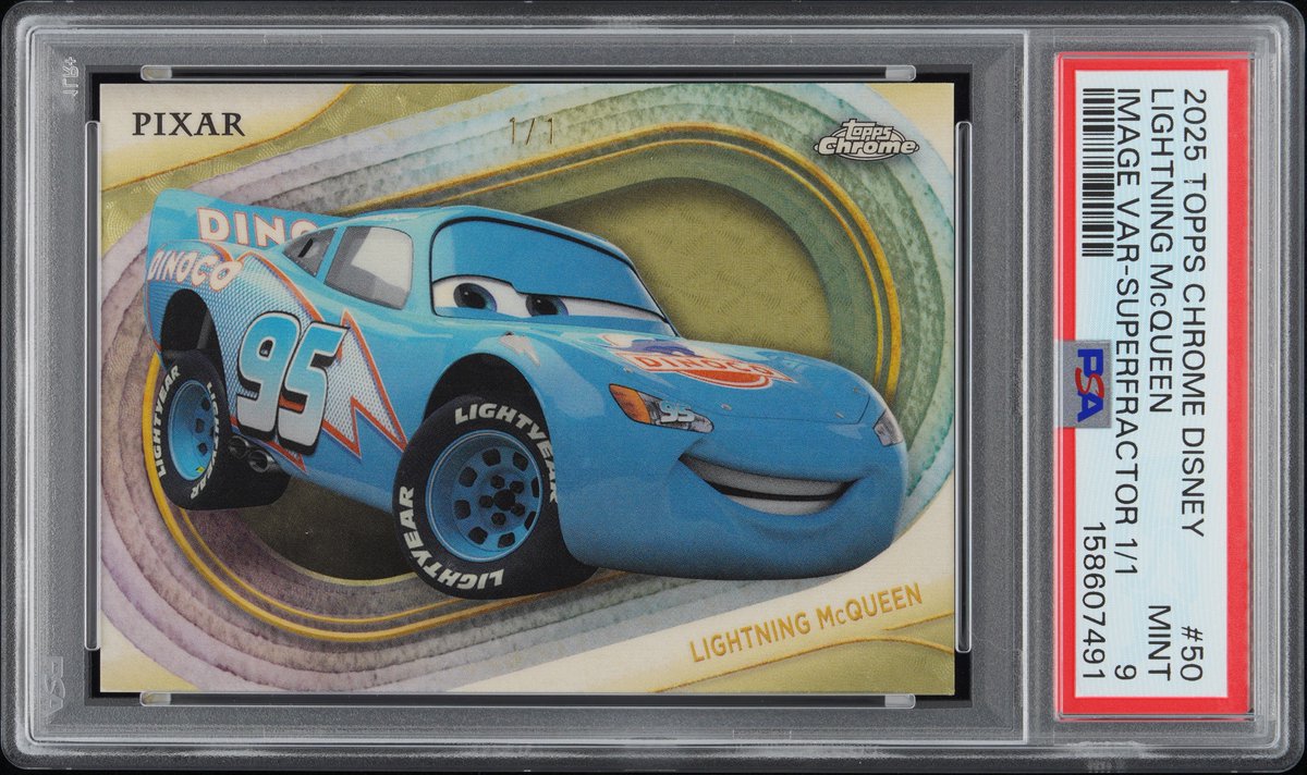 Topps's tweet photo. NEWS: Lightning McQueen's 1/1 Dinoco Blue image variation Superfractor just sold for $16,500

This marks a new ALL-TIME record sale for any Cars trading card 🏆🏁 https://t.co/bDSAHr3QGq