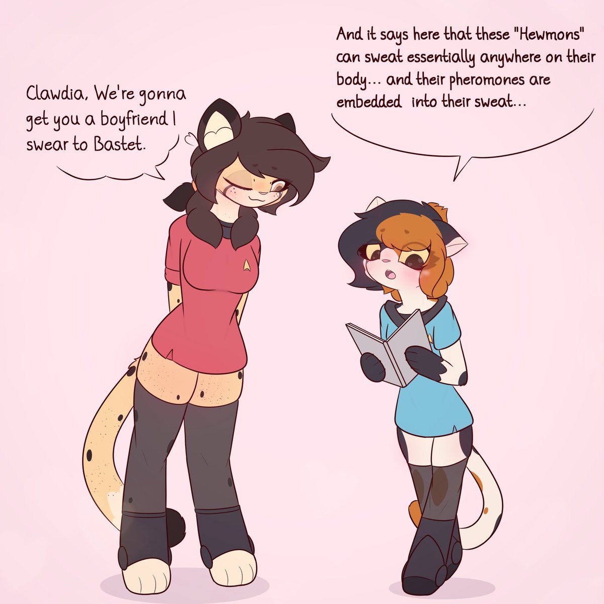 Milnegake's tweet photo. Clawdia just found out that humans have their pheromones embedded into their sweat and they can sweat essentially anywhere on their body unlike Caitians! ヾ(╹⌓╹✿) /
#HMOFA #startrek https://t.co/zrlV9hUOu5