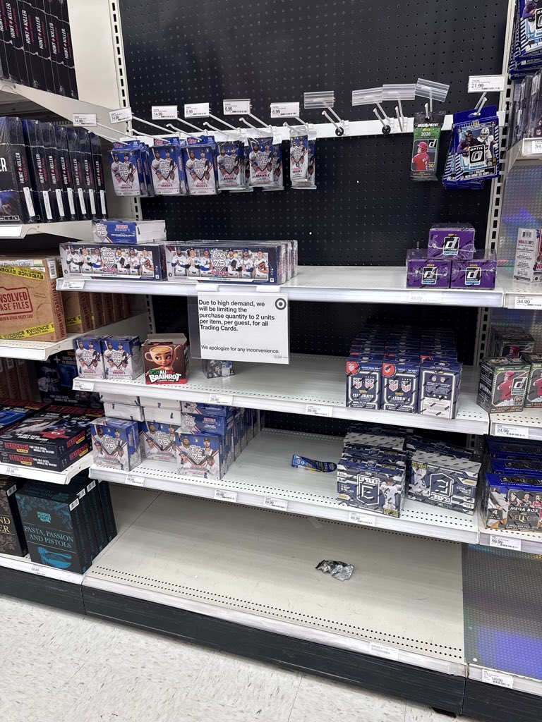 Jben518's tweet photo. @Target I see you all are going to put @Pokemon cards and other popular TGCs back on shelves. I see your signs saying only 2 items per purchase per customer. What’s to stop people from using self checkout from buying all of the cards they want? https://t.co/orh9dCcZYA