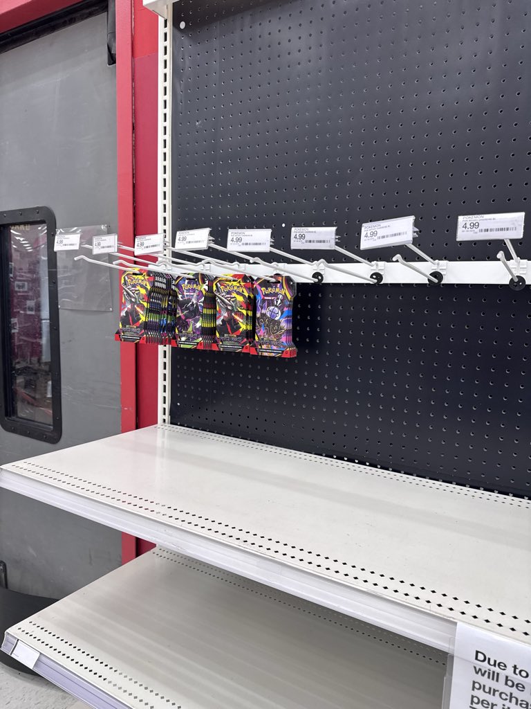 Jben518's tweet photo. @Target I see you all are going to put @Pokemon cards and other popular TGCs back on shelves. I see your signs saying only 2 items per purchase per customer. What’s to stop people from using self checkout from buying all of the cards they want? https://t.co/orh9dCcZYA