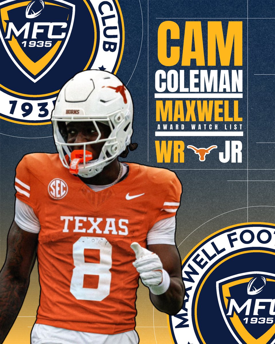 MaxwellFootball's tweet photo. Congratulations to @CamColeman12 from @TexasFootball on being named to the legendary Maxwell Award Watch List!

#MaxwellAward #MaxwellWatchList #CollegeFootball #CFB #CFBNews #NCAAFootball #Playmaker https://t.co/7Pv7qQtFzv