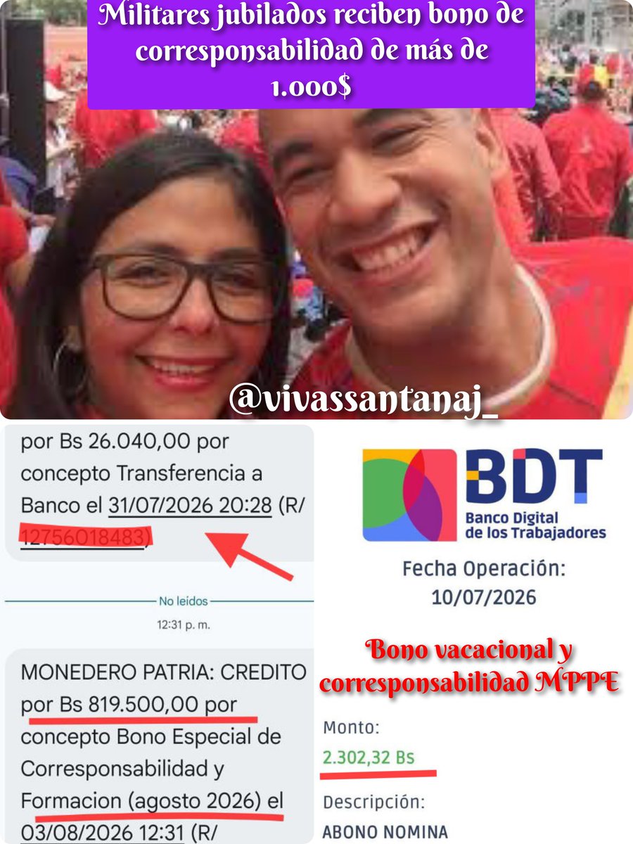 vivassantanaj_'s tweet photo. Militares bono 1.000 $
Docentes 5$

Atención! Militares jubilados reciben bono de corresponsabilidad de 1.094 dólares, mientras que el bono de los docentes activos del MPPE y universitarios apenas si llegó a los 5$, y los jubilados fue cero. Se espera que en las próximas horas los militares activos reciban entre 1.500 y 5.000 dólares de "bono de corresponsabilidad". Las órdenes fueron emitidas por Delcy Rodríguez para los militares y para los docentes por parte de Héctor Rodríguez quien informa que más del 80% de los docentes son escuálidos y "anti-patria". Sean ustedes testigos en las imágenes ¿Lo desmentirá Diosdado Cabello o Ana María San Juan? ¿Dinorah Figuera y Jorge Rodríguez qué dicen?.