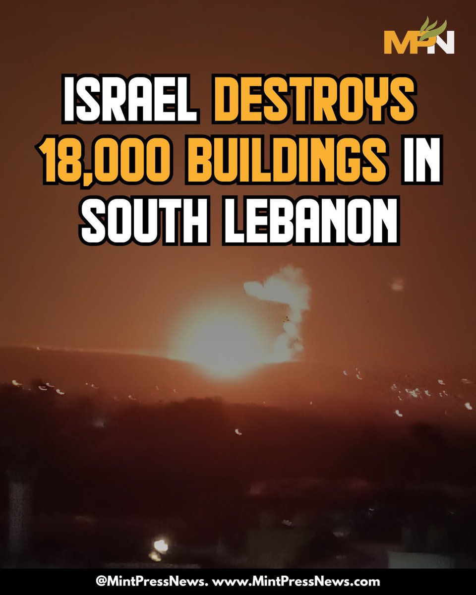 MintPressNews's tweet photo. 🚨Israel Has Destroyed 18,000 Buildings Across 19 Villages In South Lebanon
Israeli Channel 12 reportedly analysed satellite imagery and concluded that the following percentages of the villages listed below were destroyed:
Al-Khiam: 90%
Kafr Kila: 87%
Al-Adeesa: 90%
Deir Sryan: 65%
Al-Taybeh: 65%
Hula: 83%
Al-Qantara: 52%
Mays al-Jabal: 65%
Bilida: 99%
Mahbib: 100%
Maroun al-Ras: 99%
Yaron: 76%
Bint Jbeil: 54%
Al-Tairi: 57%
Ayta al-Shaab: 61%
Marouhin: 100%
Naqoura: 87%
Qabricha: 13%