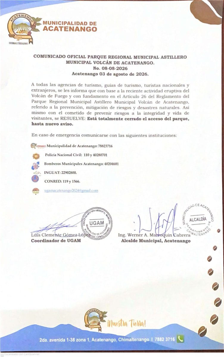 GChimaltenango's tweet photo. AVISO IMPORTANTE | VOLCAN DE ACATENANGO 🚨🌋
Informa la Municipalidad de Acatenango  el cierre temporal del Parque Regional Municipal Astillero hasta nuevo aviso.

#GobernacionChimaltenango
#ProtegerTransformarAvanzar https://t.co/oT8GjXp2je