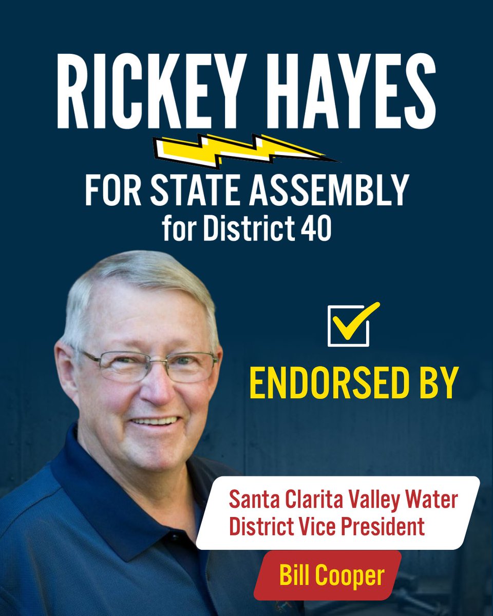 Rickey4Assembly's tweet photo. I am proud to have the endorsements of Bill Cooper and Piotr Orzechowski, two experienced members of the SCV Water District Board of Directors. As your Assemblyman, I'll ensure our communities have safe, reliable water that residents and businesses can depend on. #AD40 https://t.co/Q4OmdCJ9RD