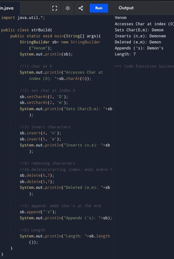 LearningCodesfr's tweet photo. Day 12:
Today's lecture was pretty easy, Learned th concept of StringBuilders
Code below consists of this following concepts:
1)char at index, sb
2)set cahrAt index sb
3)insert, delete and append with length func
4)Reverse String
#coding 
#java 
#LearningInPublic 
@buildinpublic https://t.co/SaCqfzKe1A