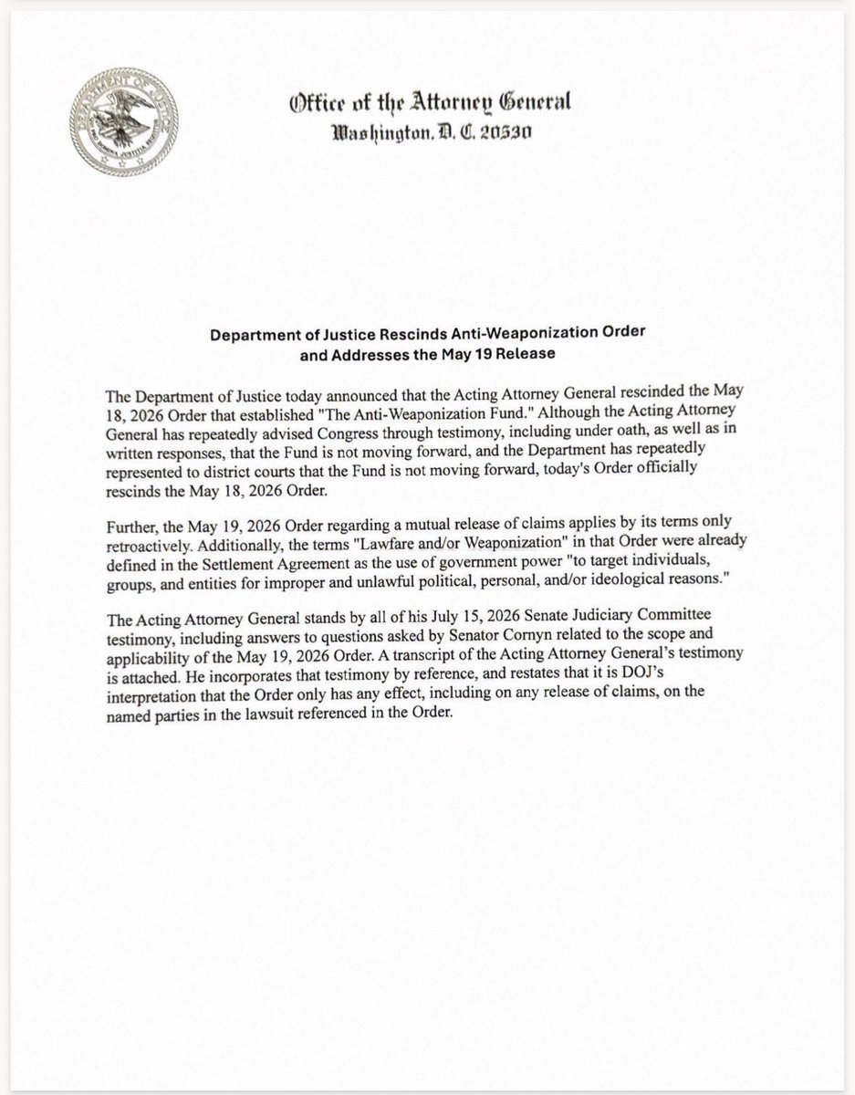 SenBooker's tweet photo. What this means: every federal agency is now barred from investigating or prosecuting the President, his family, his associates — and an undefined universe of others. Not just taxes. Any offense, civil or criminal, known or unknown, as of the day this directive dropped.

Todd Blanche is still weaponizing his office to protect Donald Trump instead of the American people.