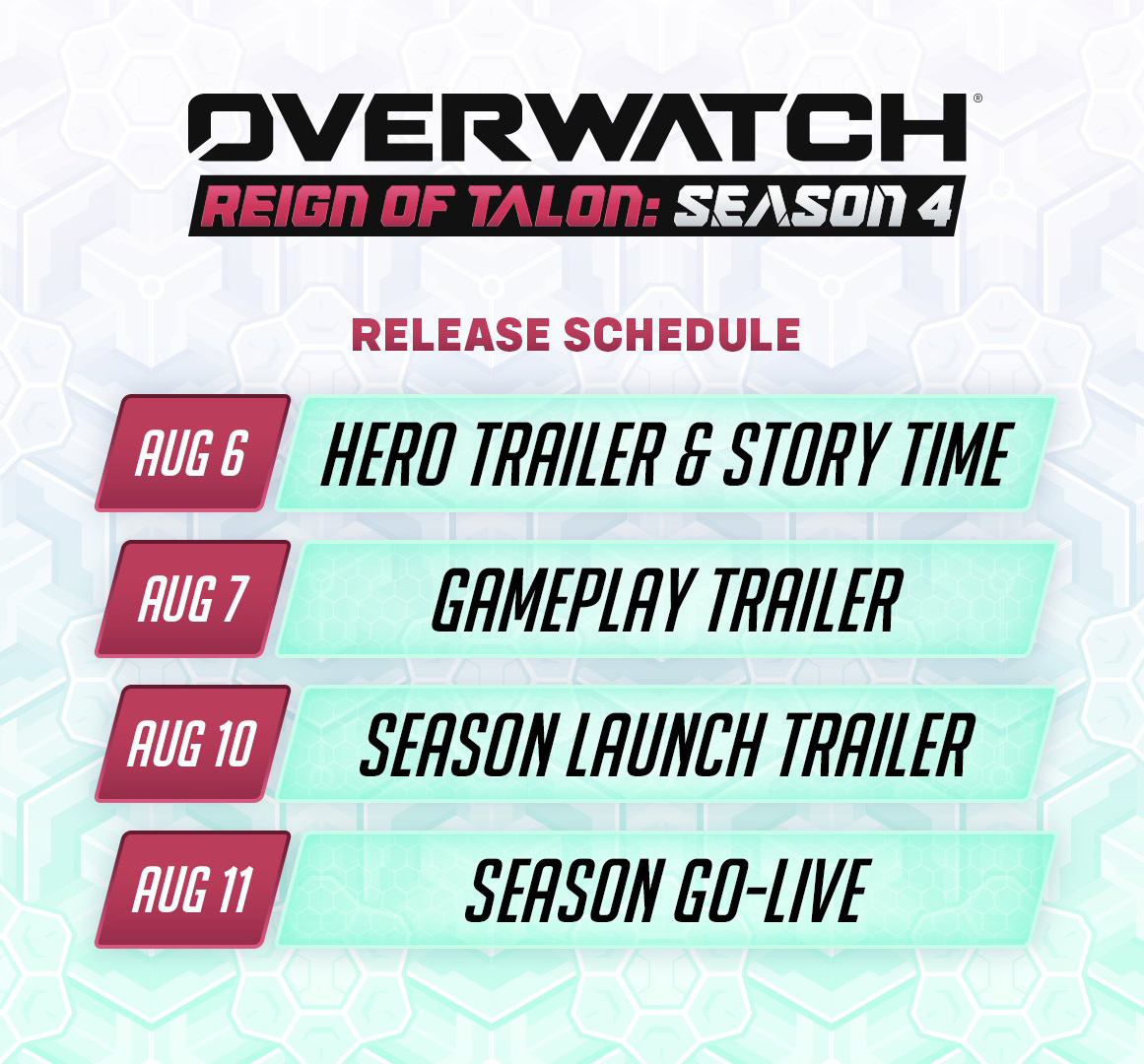 OverwatchNaeri's tweet photo. New #Overwatch Hero D.Mon and  Season 4 Update Roadmap (Aug 6 - Aug 11)

📕AUG 6: D.MON HERO TRAILER &amp; STORY TIME
🎮AUG 7: D.MON GAMEPLAY TRAILER
✨AUG 10: SEASON LAUNCH TRAILER
🎉AUG 11: SEASON GO-LIVE https://t.co/zefr9RuE9r
