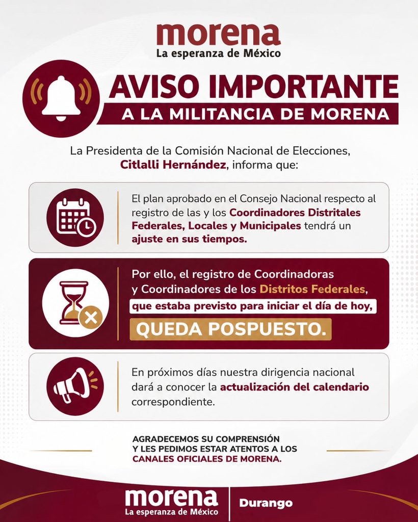 GarciaGaray_L's tweet photo. Compañeras y compañeros, el registro de coordinadoras y coordinadores de los distritos federales y no federales que estaba previsto para iniciar el día de hoy, QUEDA POSPUESTO.
Esto se debe a un ajuste en los tiempos del plan aprobado en el consejo nacional respecto al registro de coordinadores distritales dederales, locales y municipales.
En los próximos días, nuestra dirigencia nacional dará a conocer la actualización del calendario oficial.
Les pido estar muy atentos únicamente a los canales oficiales de morena y no caer en desinformación.