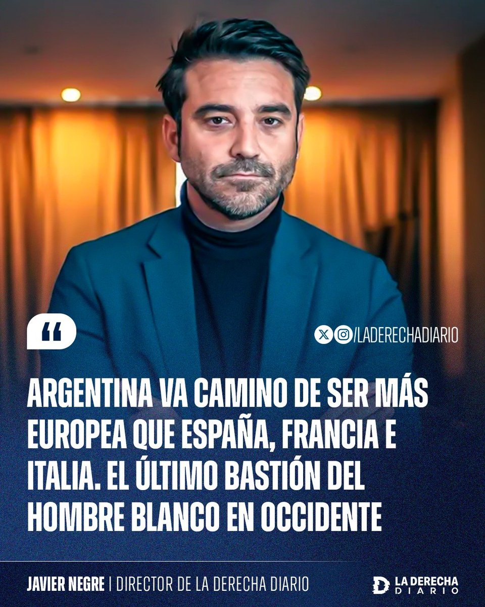 laderechadiario's tweet photo. 🚨🇦🇷🇪🇺 | JAVIER NEGRE DESTROZÓ AL PROGRESISMO EUROPEO: El director de La Derecha Diario destacó el rumbo adoptado por Javier Milei y aseguró que la Argentina puede convertirse en el último gran bastión de Occidente.

“Argentina va camino de ser más europea que España, Francia e Italia. El último bastión del hombre blanco en Occidente”.