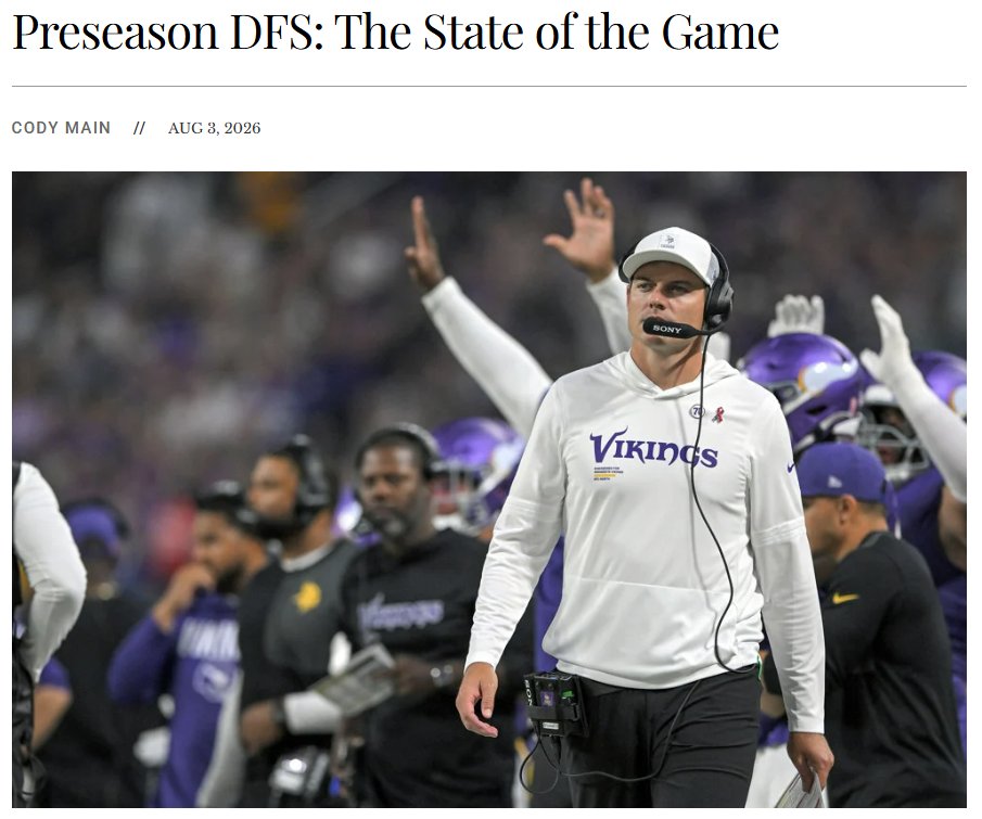 cmain7's tweet photo. Kevin O'Connell gives rookies more preseason snaps (36.8%) than any coach in football while playing his starters on just 2.1%.

Understanding league, team, coach and player-level trends provides an important foundation for preseason DFS. I looked at nearly a decade of snap data to find the most actionable takeaways for 2026: https://t.co/6cNYPQHKvo