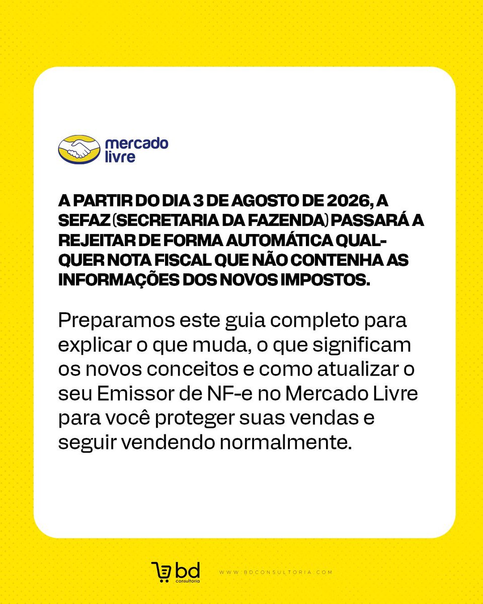 DaroltBruno's tweet photo. 🚨 Atenção, vendedores do Mercado Livre!

🧾 A partir de 03 de agosto, entram em vigor novas exigências para a emissão de NF-e e NFC-e, relacionadas à Reforma Tributária e aos novos impostos IBS e CBS. https://t.co/KtsUob41oE