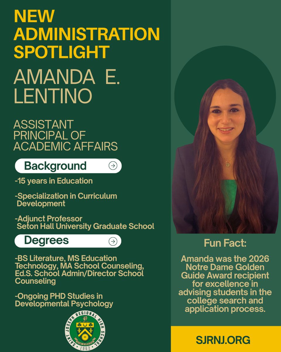 SJRHighSchool's tweet photo. St. Joseph Regional High School is pleased to welcome Ms. Amanda Lentino as our new Assistant Principal of Curriculum.

Click the link below to read the full story about Ms. Lentino.

https://t.co/G1AW1DkNcL https://t.co/d8ItDpQfMz